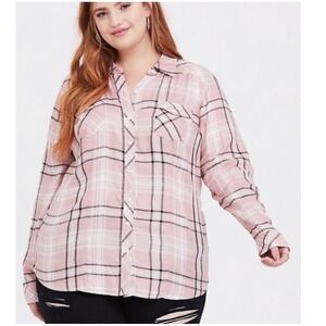 Torrid Pink Challis Plaid Button Up Shirt Womens 5 5X Long Sleeve Blouse